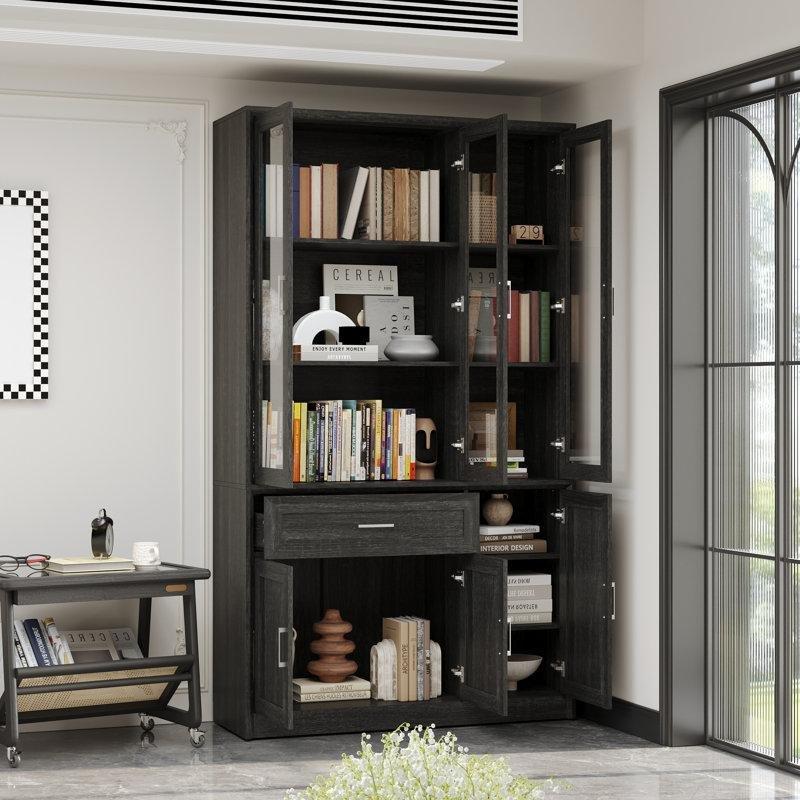 Kahverengi MDF ve Temperli Cam 4 Kapaklı 1 Çekmeceli Kitaplık - 118x40x203 cm - 141538