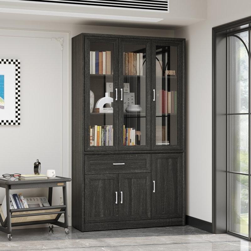 Kahverengi MDF ve Temperli Cam 4 Kapaklı 1 Çekmeceli Kitaplık - 118x40x203 cm - 141538