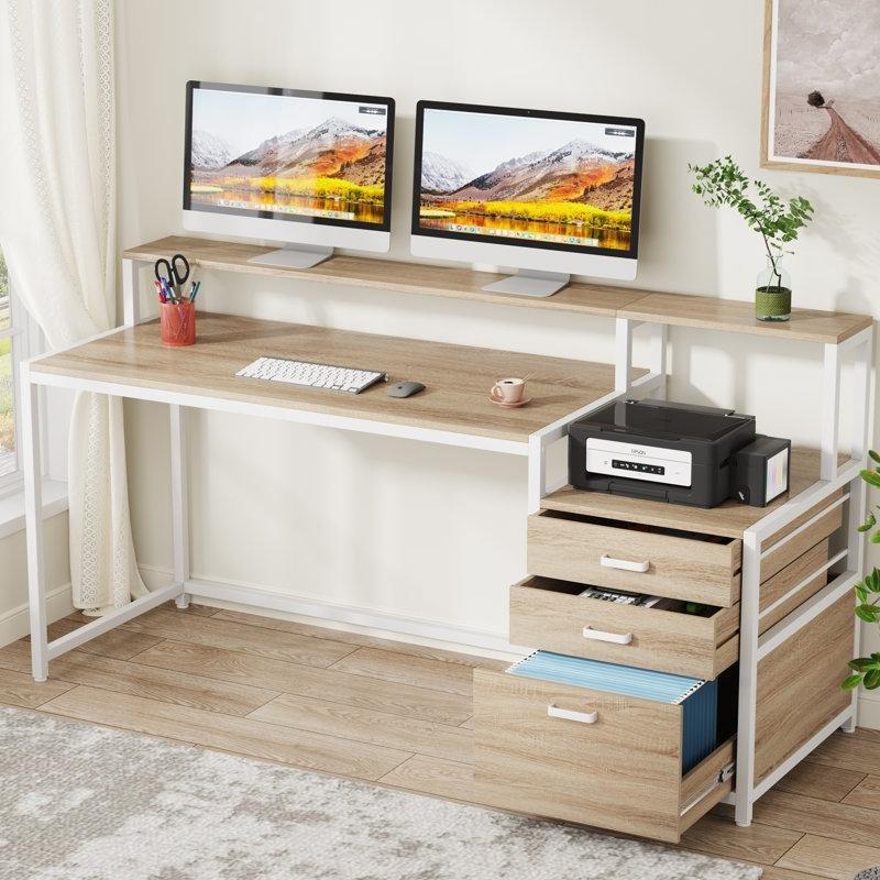 Kahverengi MDF ve Yonga Levha Monitör Raflı Çekmeceli Bilgisayar Masası-160x50x90 cm - 116520