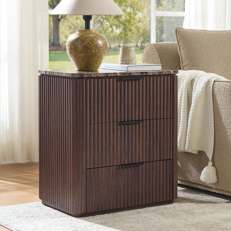 Kahverengi Mermer Desenli Ahşap 3 Çekmeceli Yivli Komodin - 59x40x65 cm - 128053