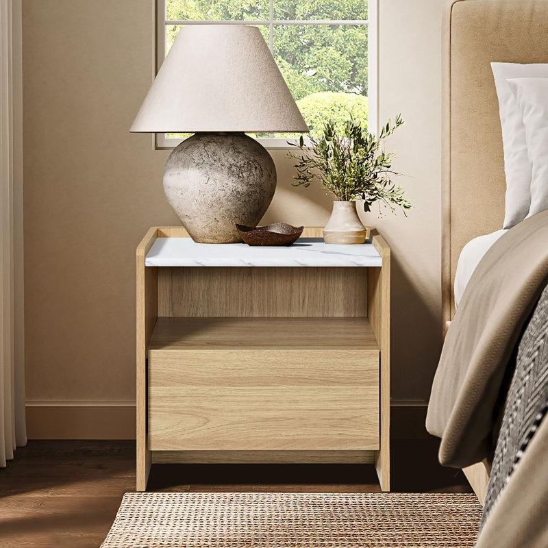 Kahverengi Mermer Desenli Endüstriyel Ahşap Açık Raflı Çekmeceli Komodin - 48x48x40 cm - 128026