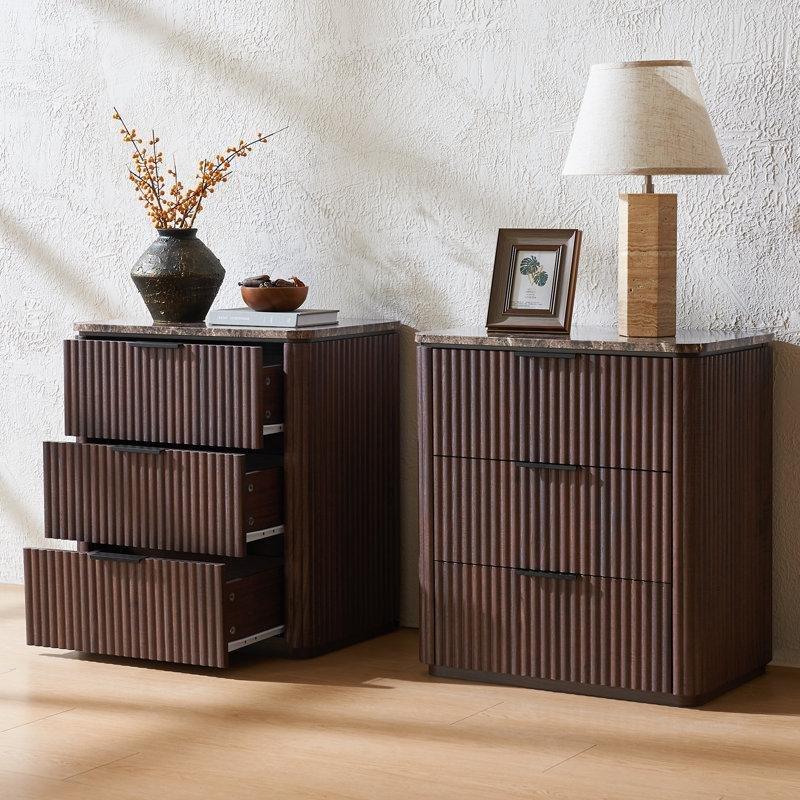 Kahverengi Mermer Desenli Üst Tablalı 3 Çekmeceli Dalga Dokulu Mermer Komodin Seti - 59x40x65 cm - 128056