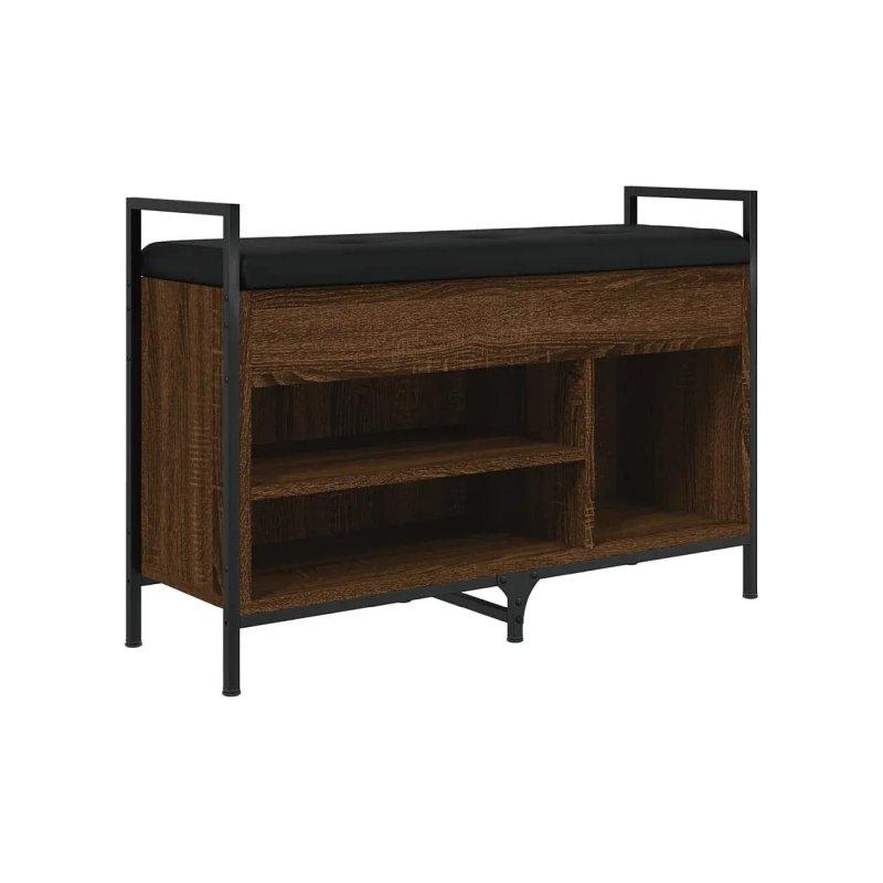 Kahverengi Meşe Endüstriyel Ahşap ve Metal Siyah Deri Minderli Ayakkabılık - 86x32x58 cm - 118333