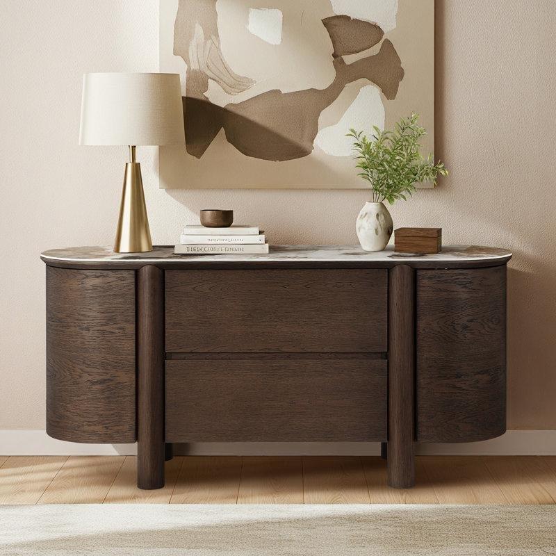 Kahverengi Meşe Silver Fox Seramik Yüzeyli 2 Çekmeceli Üstü Mermer Konsol - 160x48x75 cm - 129148