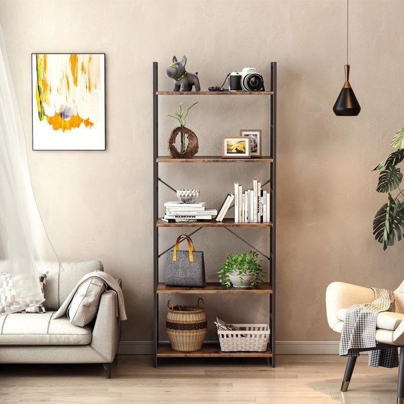 Kahverengi Metal İskeletli 5 Raflı Endüstriyel Tasarım Kitaplık - 60x158 cm - 142087
