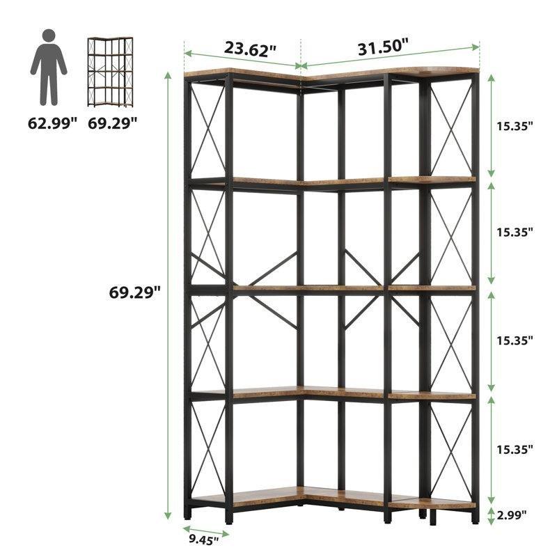 Kahverengi Metal ve Ahşap 5 Raflı L Tipi Köşe Kitaplık - 80x60x176 cm - 141871