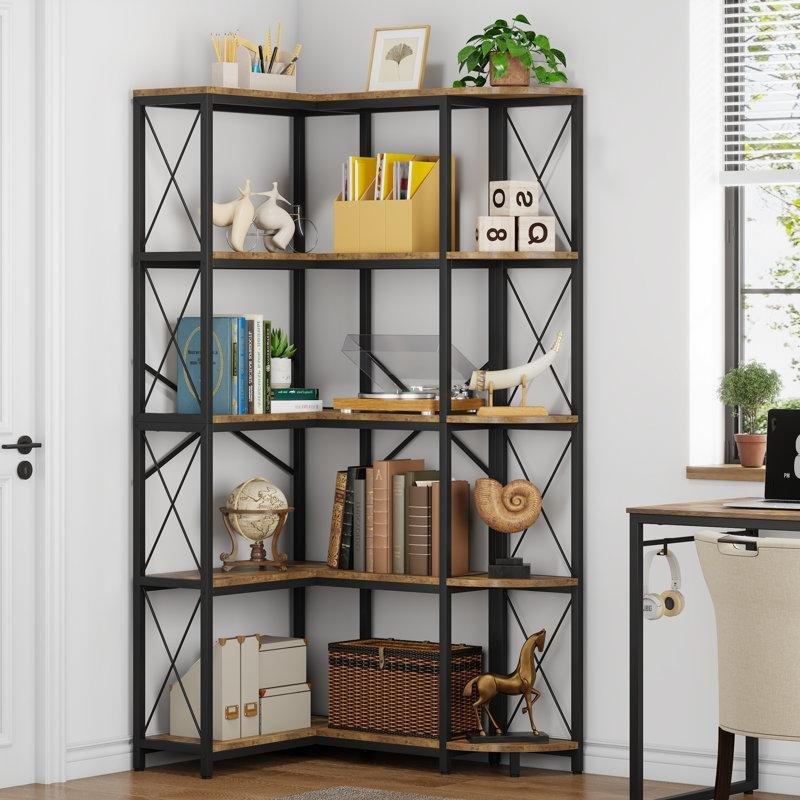 Kahverengi Metal ve Ahşap 5 Raflı L Tipi Köşe Kitaplık - 80x60x176 cm - 141871