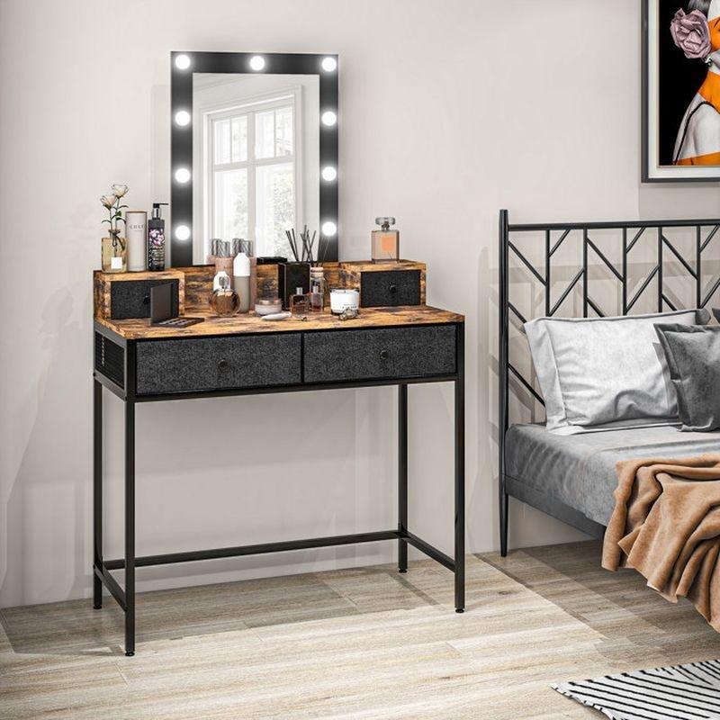 Kahverengi Metal ve Ahşap Işıklı Aynalı 4 Kumaş Çekmeceli Makyaj Masası - 90x40x148 cm - 122179