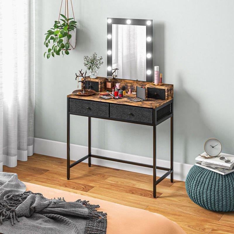 Kahverengi Metal ve Ahşap Işıklı Aynalı 4 Kumaş Çekmeceli Makyaj Masası - 90x40x148 cm - 122179