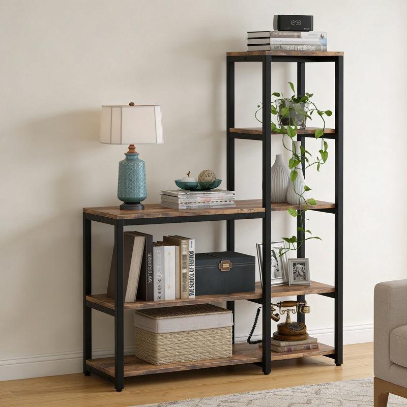 Kahverengi Metal ve Endüstriyel Ahşap 5 Raflı Geometrik Kitaplık - 100x40x145 cm - 141400