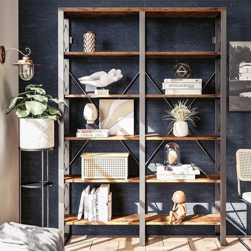 Kahverengi Metal ve Endüstriyel Ahşap 6 Raflı Çizilmeye Dayanıklı Kitaplık - 136x30x194 cm - 141754