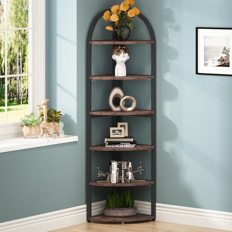 Kahverengi Metal ve Endüstriyel Ahşap 6 Raflı Köşe Kitaplık - 60x182 cm - 141868