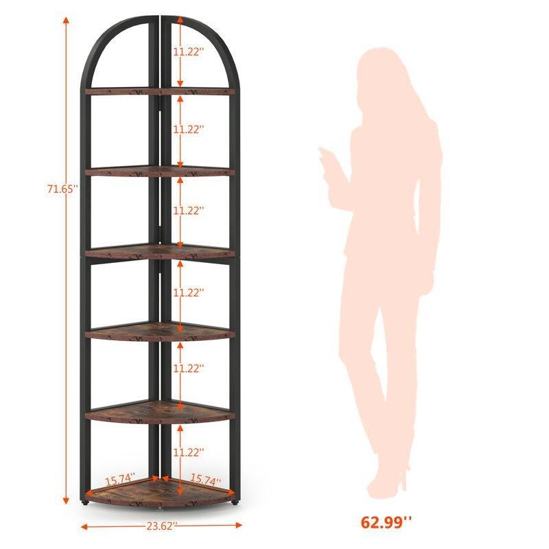 Kahverengi Metal ve Endüstriyel Ahşap 6 Raflı Köşe Kitaplık - 60x182 cm - 141868