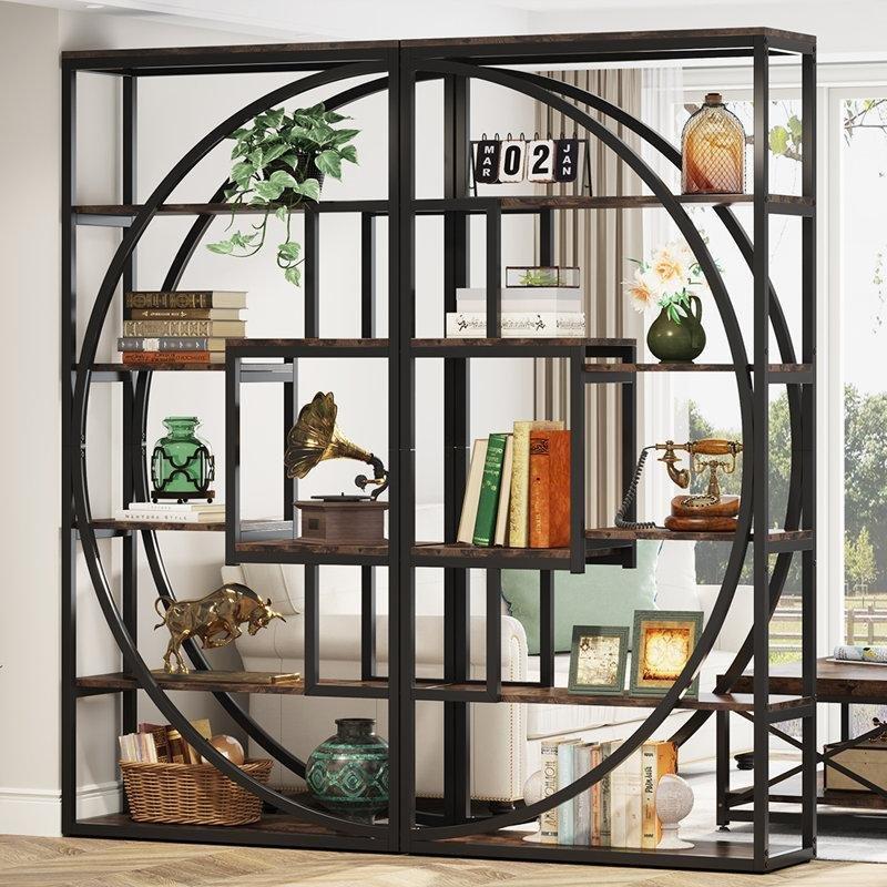 Kahverengi Metal ve Endüstriyel Ahşap Geometrik Tasarım 5 Raflı Kitaplık - 160x180 cm - 141397