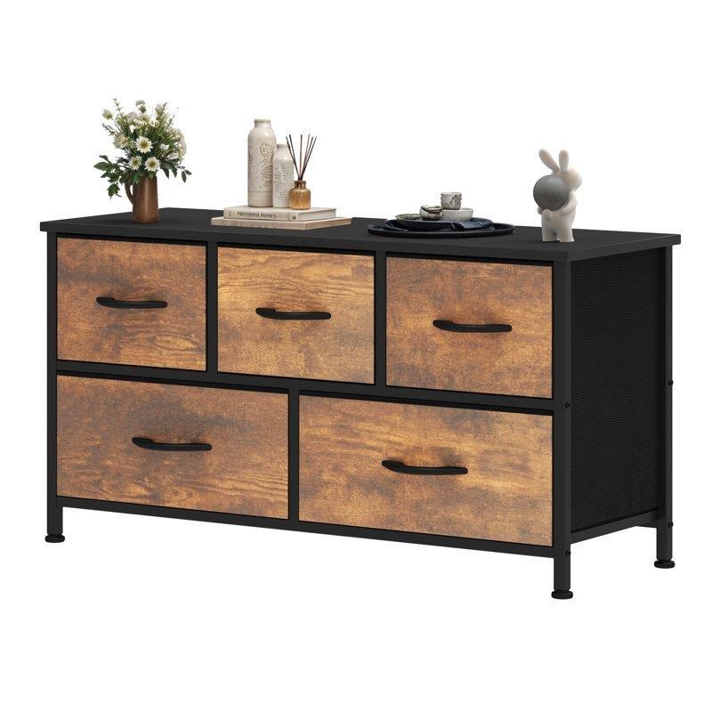 Kahverengi Metal ve MDF 5 Çekmeceli Ferforje Şifonyer - 100x30x55 cm - 123999