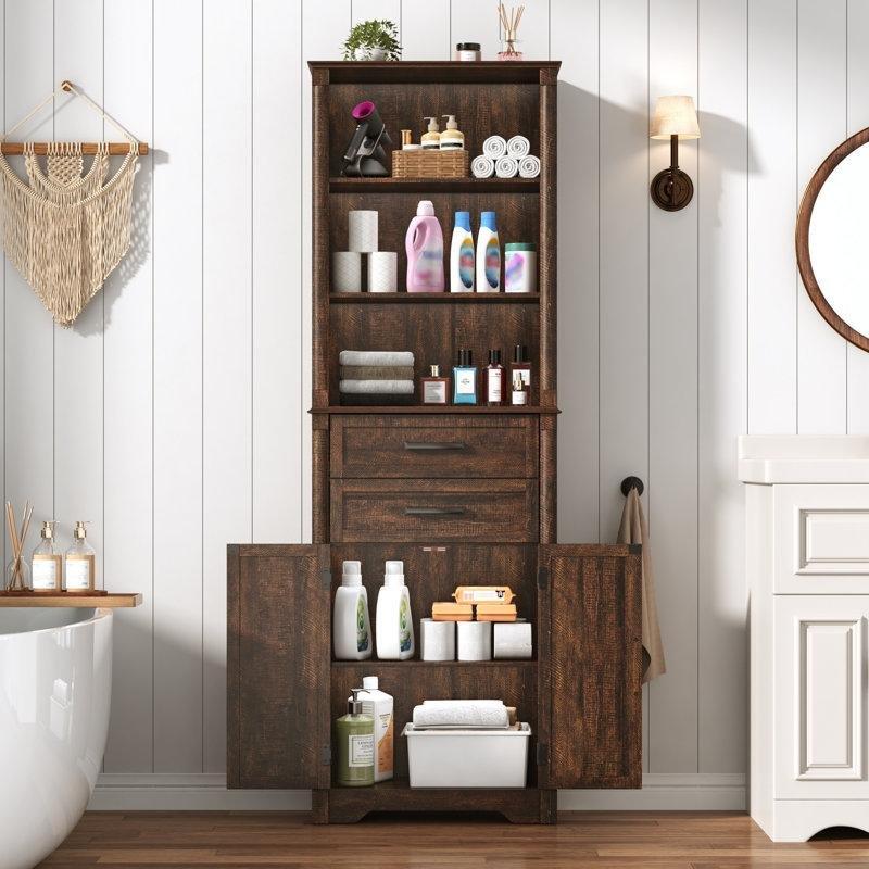 Kahverengi Mühendislik Ahşap Ayarlanabilir Raflı Sürgülü Kapaklı Country Banyo Dolabı-180x60x31 cm - 114100
