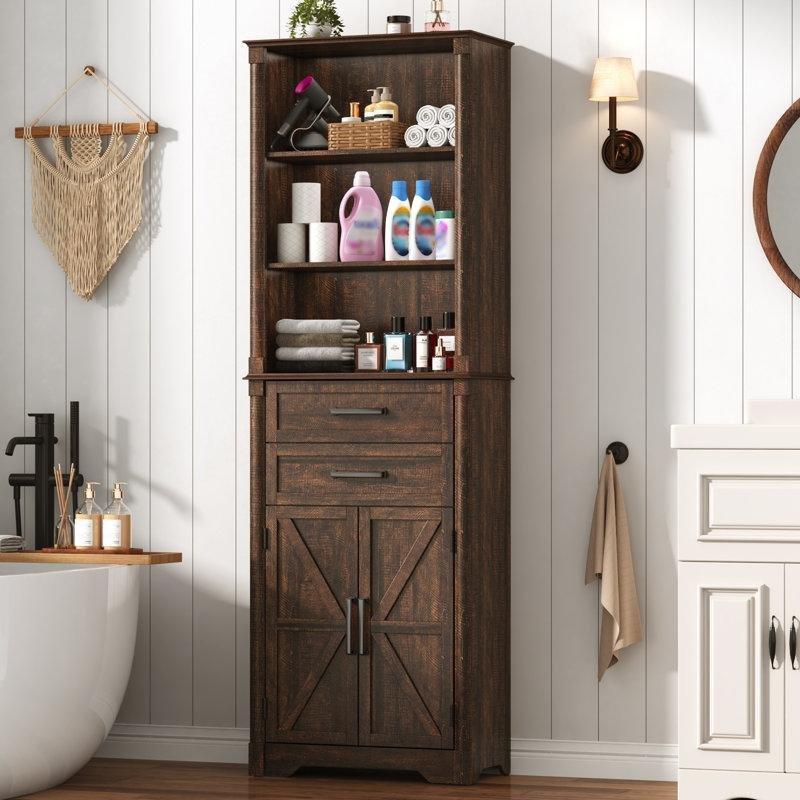 Kahverengi Mühendislik Ahşap Ayarlanabilir Raflı Sürgülü Kapaklı Country Banyo Dolabı-180x60x31 cm - 114100