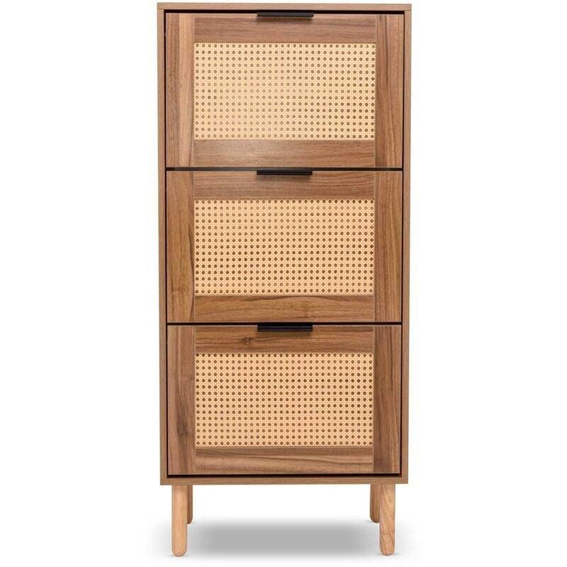 Kahverengi Rattan Detaylı 3 Düşer Kapaklı Ahşap Ayakkabılık - 55x25x124 cm - 118967