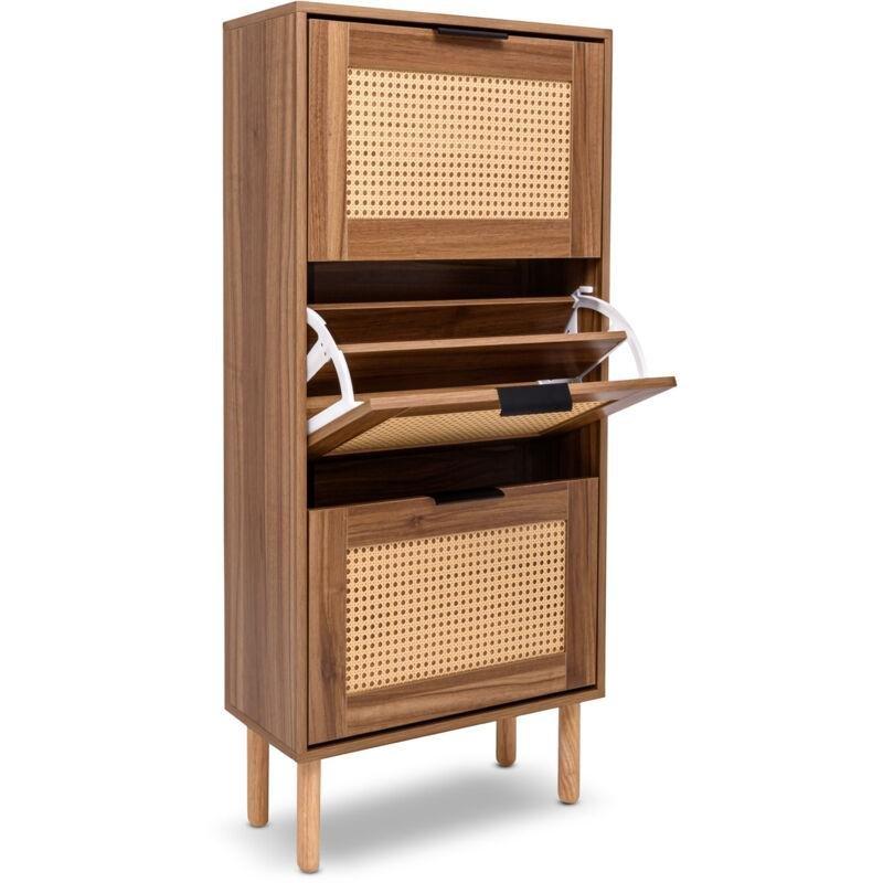 Kahverengi Rattan Detaylı 3 Düşer Kapaklı Ahşap Ayakkabılık - 55x25x124 cm - 118967