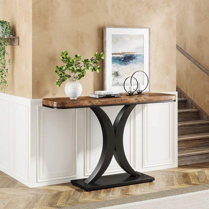 Kahverengi Siyah Endüstriyel Ahşap Çapraz Ayaklı Dresuar - 100x30x83 cm - 131889