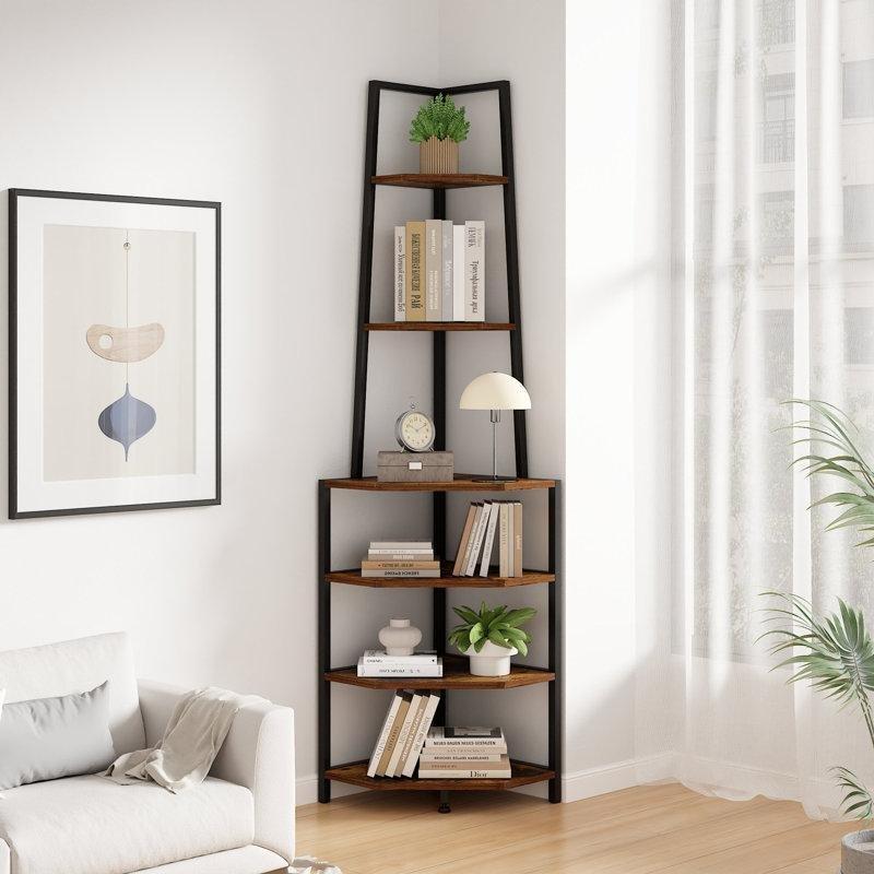 Kahverengi Siyah Metal ve Endüstriyel Ahşap 5 Raflı Üçgen Tasarım Köşe Kitaplık - 174x40x40 cm - 141907