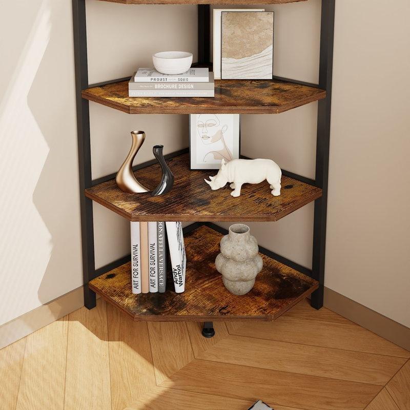 Kahverengi Siyah Metal ve Endüstriyel Ahşap 5 Raflı Üçgen Tasarım Köşe Kitaplık - 174x40x40 cm - 141907