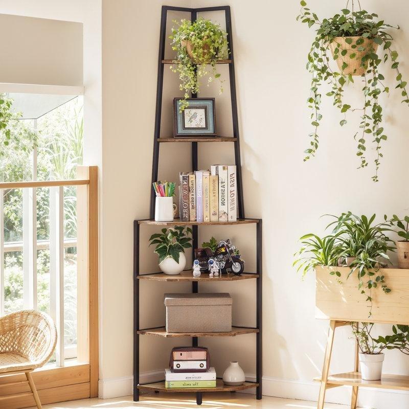 Kahverengi Siyah Metal ve Endüstriyel Ahşap 5 Raflı Üçgen Tasarım Köşe Kitaplık - 174x40x40 cm - 141907