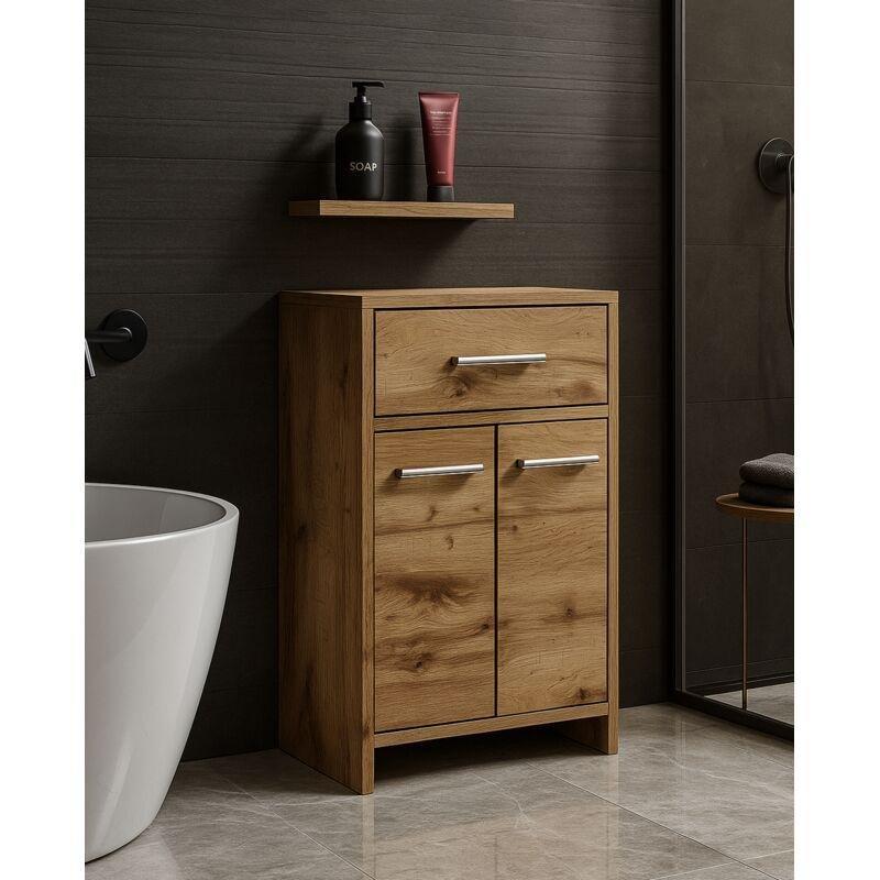 Kahverengi Suntalam Kapaklı Çekmeceli Ayaklı Banyo Dolabı-52x29x79 cm - 113843