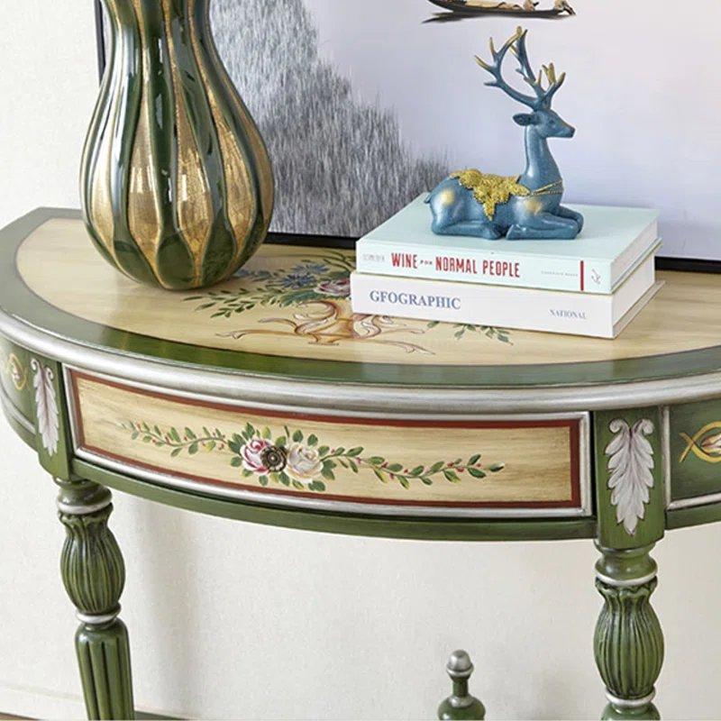 Kahverengi Üst Tablalı Masif Ahşap El Boyaması Desenli Yarım Ay Yeşil Dresuar - 110x46x88 cm - 132504