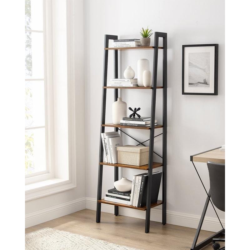 Kahverengi ve Siyah Metal ve Endüstriyel Ahşap 5 Raflı Merdiven Tasarımlı Kitaplık - 173x57 cm - 142096