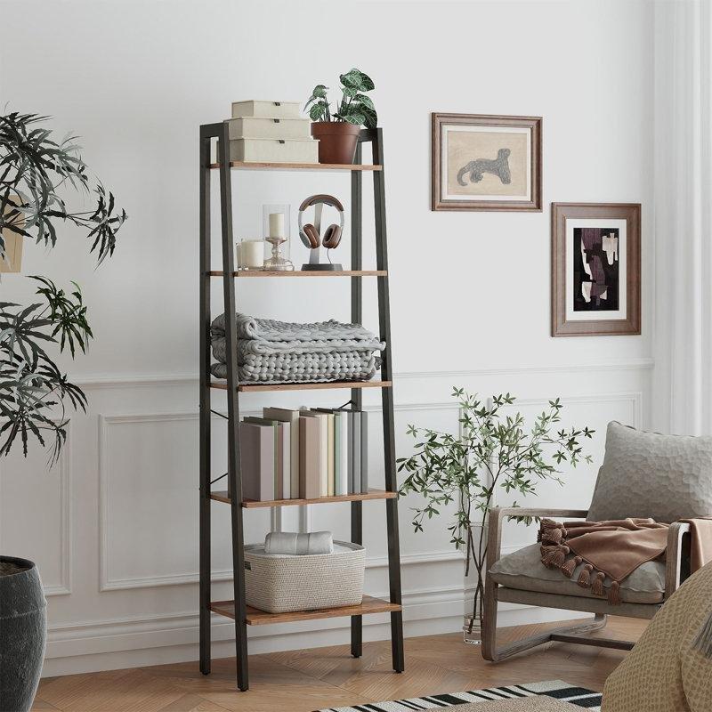 Kahverengi ve Siyah Metal ve Endüstriyel Ahşap 5 Raflı Merdiven Tasarımlı Kitaplık - 173x57 cm - 142096