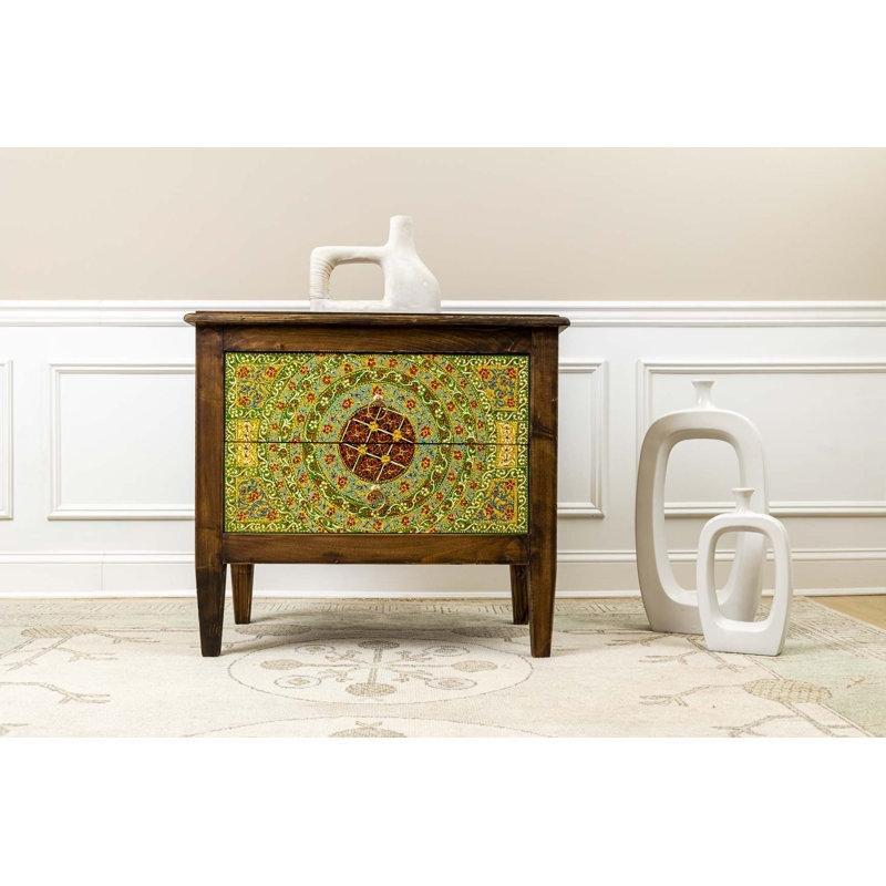 Kahverengi Yeşil Masif Çam Ağacı El Boyaması Çiçek Desenli Renkli Komodin - 80 cm - 128074