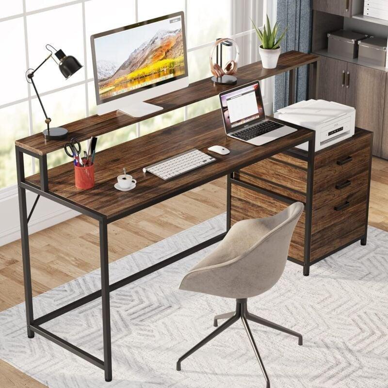 Kahverengi Yonga Levha Ekran Standlı Çekmeceli Ayarlanabilir Bilgisayar Masası-160x50x90 cm - 114397