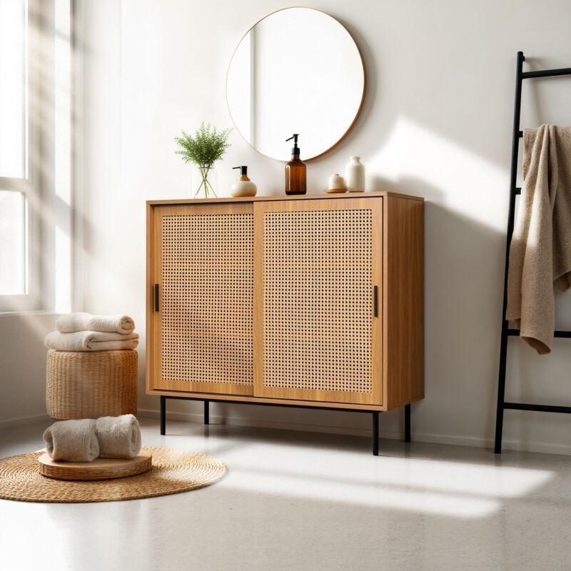 Kahverengi Yonga Levha Raflı Hasır Banyo Dolabı-100x90x37 cm - 114228