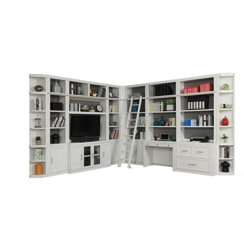 Kır Beyazı Masif ve Endüstriyel Ahşap Modüler Cam ve Panjur Kapaklı Köşe Kitaplık - 338x343x240 cm - 141775