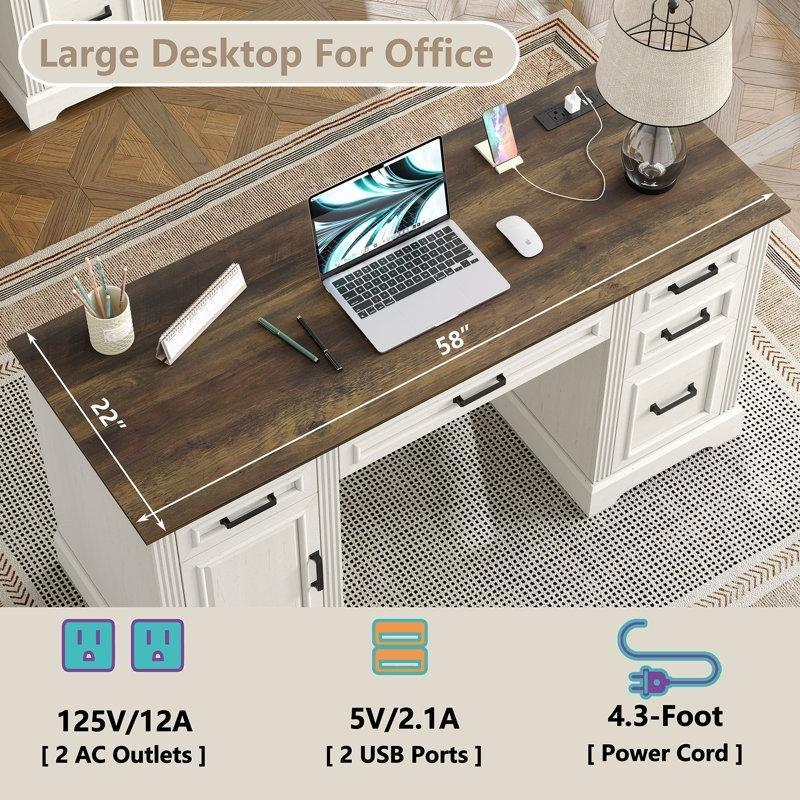 Kırık Beyaz MDF Prizli Kablolu Yönetimli Çekmeceli Dolaplı Bilgisayar Masası-77x148x56 cm - 116574