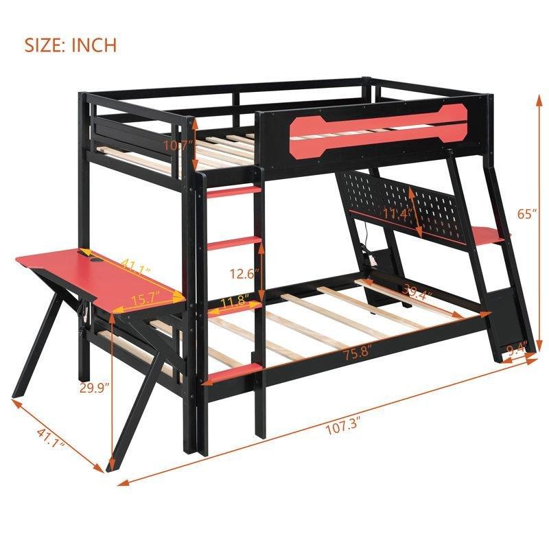 Kırmızı Siyah Masif ve Endüstriyel Ahşap Çift Çalışma Masalı Priz Girişli Pegboard Panelli Gamer Ranza - 105x273x166 cm - 124473