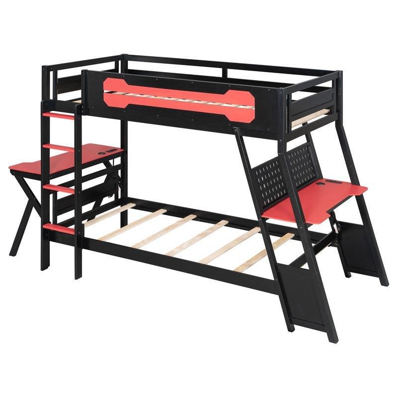 Kırmızı Siyah Masif ve Endüstriyel Ahşap Çift Çalışma Masalı Priz Girişli Pegboard Panelli Gamer Ranza - 105x273x166 cm - 124473