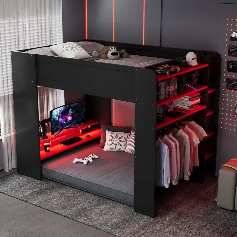 Kırmızı Siyah Masif ve Endüstriyel Ahşap RGB Ledli ve Çalışma Masalı Oyuncu Ranza - 146x217 cm - 124179