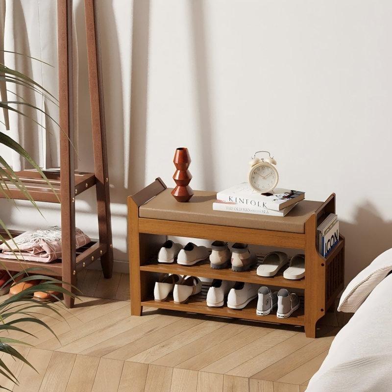 Kızıl Kahve Bambu Minderli Gizli Bölmeli Ayakkabılık Bench - 76x30x50 cm - 120655