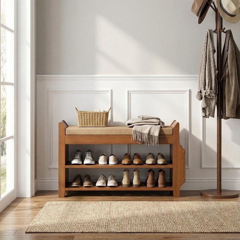 Kızıl Kahve Bambu Minderli Gizli Bölmeli Ayakkabılık Bench - 76x30x50 cm - 120655