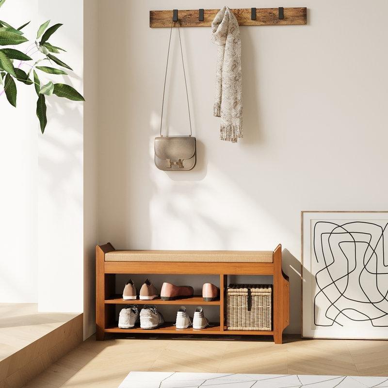 Kızıl Kahve Masif Bambu Gizli Bölmeli ve Minderli Ayakkabılık Bench - 97 cm - 120661