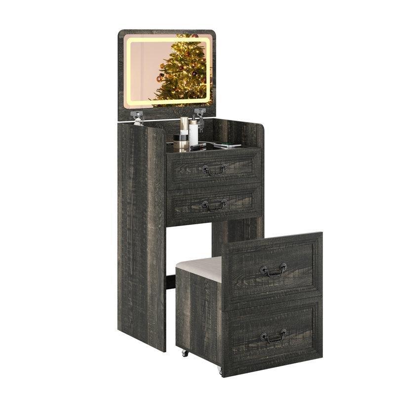 Koyu Ahşap Desenli MDF Işıklı Açılır Aynalı Şarj İstasyonlu Makyaj Masası - 50x40 cm - 121690
