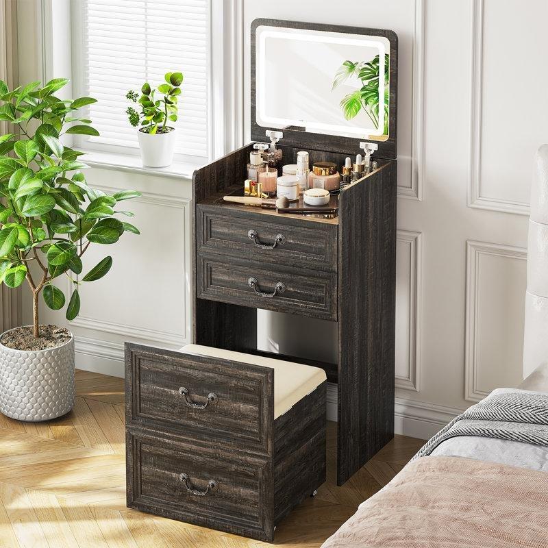 Koyu Ahşap Desenli MDF Işıklı Açılır Aynalı Şarj İstasyonlu Makyaj Masası - 50x40 cm - 121690