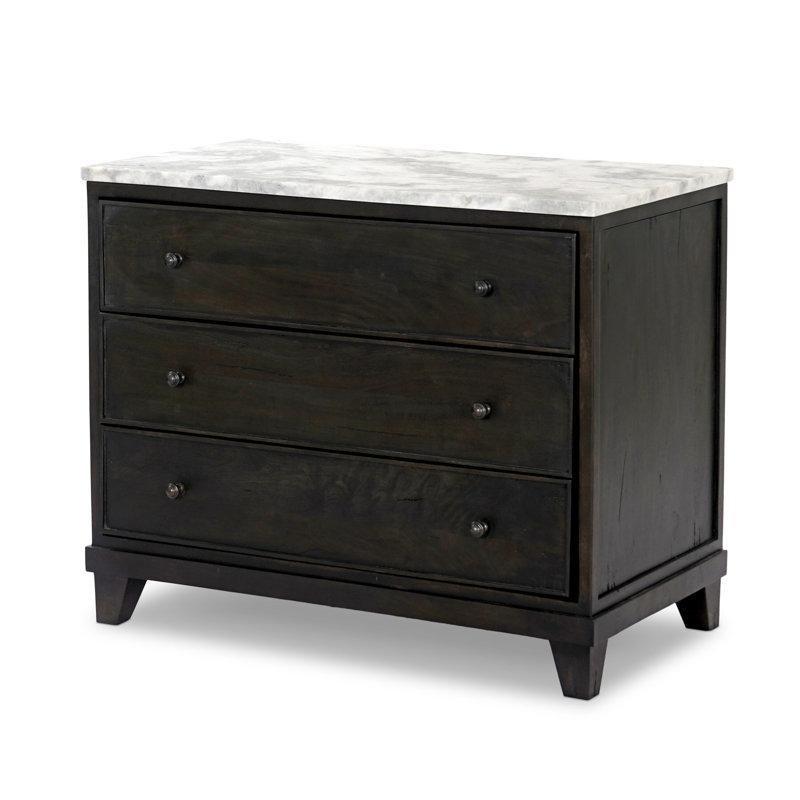 Koyu Ahşap ve Beyaz Masif Mango Ağacı Üst Tablalı Üç Çekmeceli Mermer Komodin - 84x47x69 cm - 128011