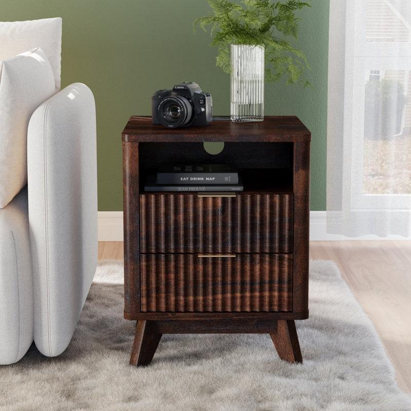 Koyu Ceviz Endüstriyel Ahşap Şarj İstasyonlu Mermer Komodin - 47x47x62 cm - 128041