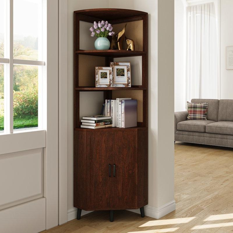 Koyu Ceviz Endüstriyel Ahşap ve Rattan Detaylı 3 Raflı Kapaklı Dolaplı Köşe Kitaplık - 178x45 cm - 141946
