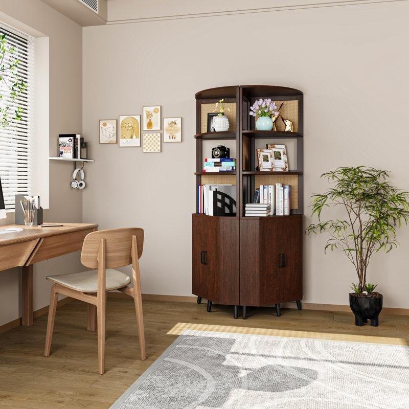 Koyu Ceviz Endüstriyel Ahşap ve Rattan Detaylı 3 Raflı Kapaklı Dolaplı Köşe Kitaplık - 178x45 cm - 141946