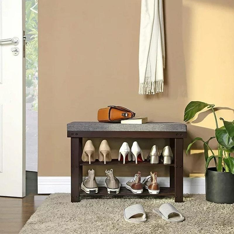 Koyu Ceviz Gri Bambu Minderli 2 Raflı Ayakkabılık Bench - 72x29x50 cm - 120658