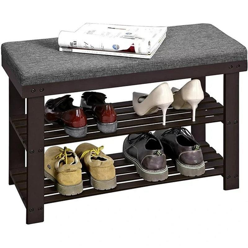 Koyu Ceviz Gri Bambu Minderli 2 Raflı Ayakkabılık Bench - 72x29x50 cm - 120658